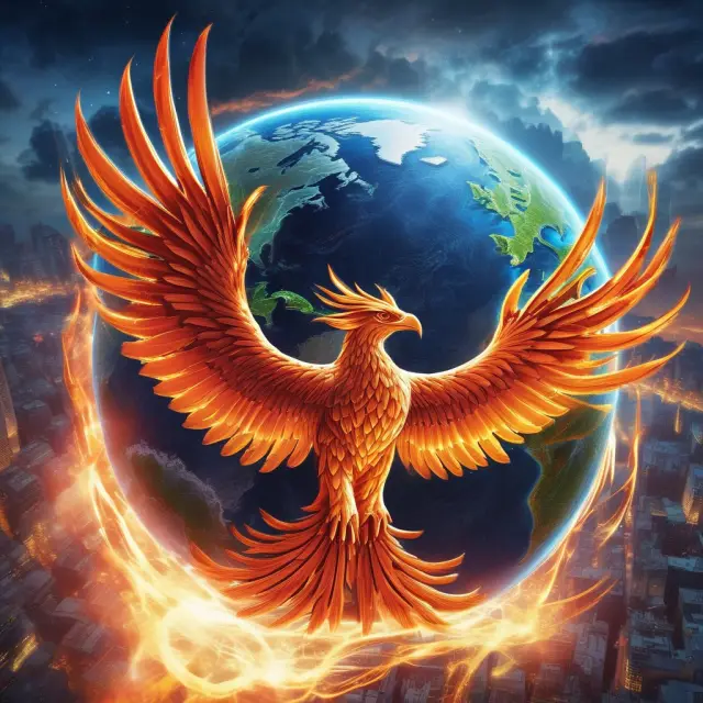A phoenix emerging from a digital globe, representing the World Federation of Exchanges and its essential role in driving innovation and shaping the future of the global financial industry