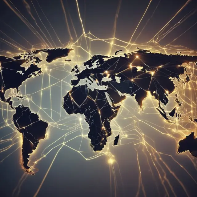 A world map where financial streams flow between countries, illustrating the concept of world funds