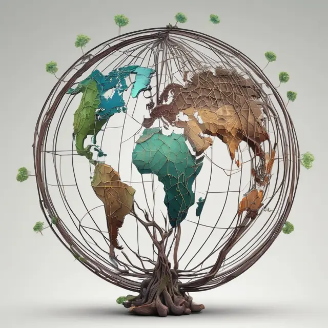Globe representing the world with interconnected roots signifying investment diversification through world funds.