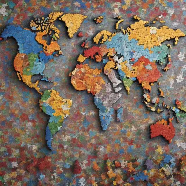 A vivid mosaic world map made of diverse puzzle pieces representing various world fund categories: regionally diversified, thematic, equity, bond, and multi-asset.