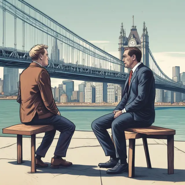 Two investors pondering their options at a crossroads, with World Funds on one side represented by a map of the world and ETFs symbolized by a digital screen displaying various graphs and charts