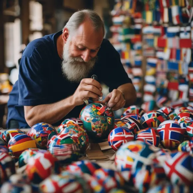 An artisan carefully chooses and molds international flags into a globe, illustrating the process of selecting a world fund