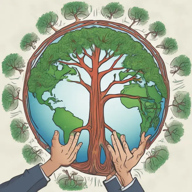 A globe with hands representing Vanguard, Fidelity, and BlackRock planting diverse trees symbolizing their world funds