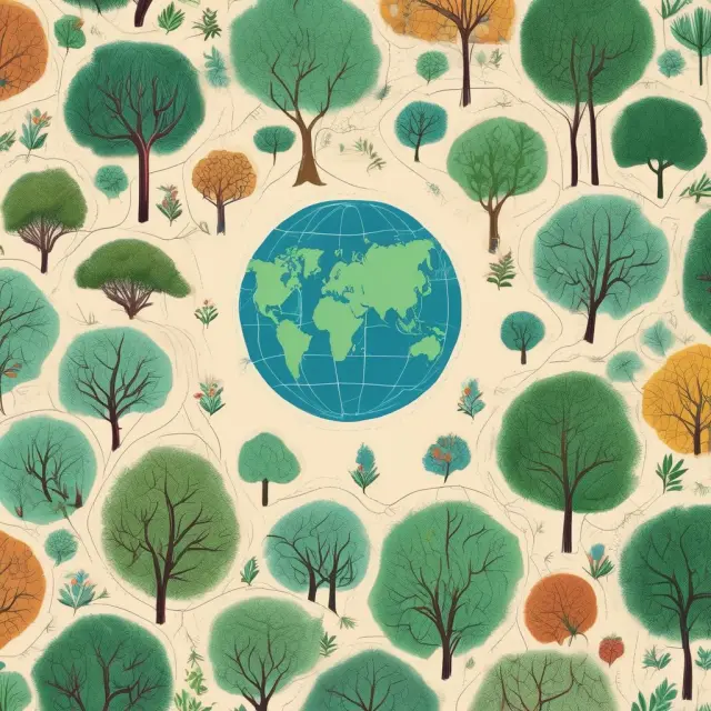 A vibrant, interconnected garden filled with branches from different countries symbolizing World Fund diversity