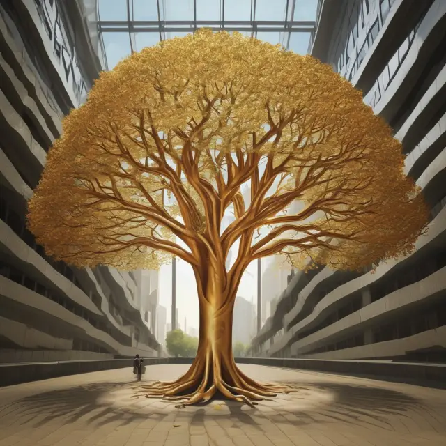 A golden tree with children playing around it, symbolizing the World Bank