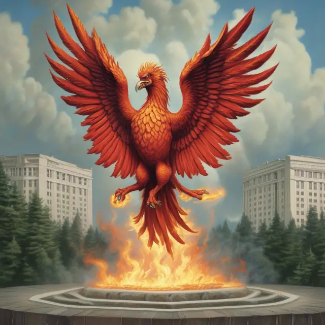 Phoenix rising from ruins, symbolizing post-WWII economic rebirth; table with the Bretton Woods Agreement and World Bank/IMF logos.