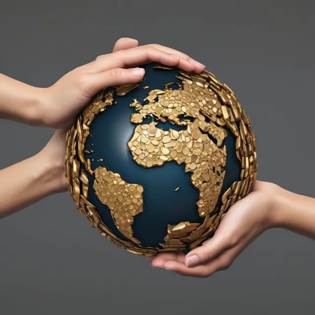 Global hands representing IBRD (gold coins) and IDA (grains), illustrating the World Bank