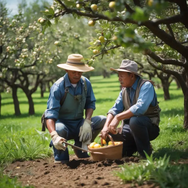 A gardener cultivating an abundant orchard filled with various trees symbolizing diverse global economies. The World Bank nurtures these economies, providing loans, grants, and expertise.