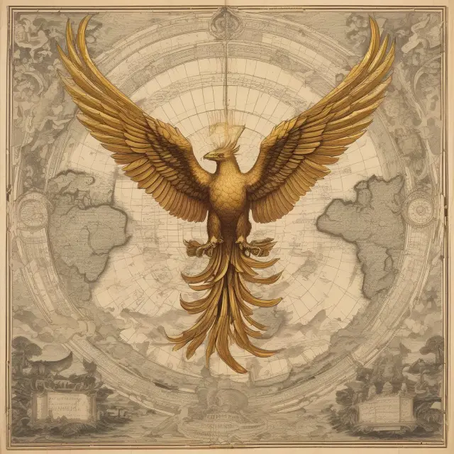 An image of a golden phoenix flying over an old map, signifying the timeless appeal of gold