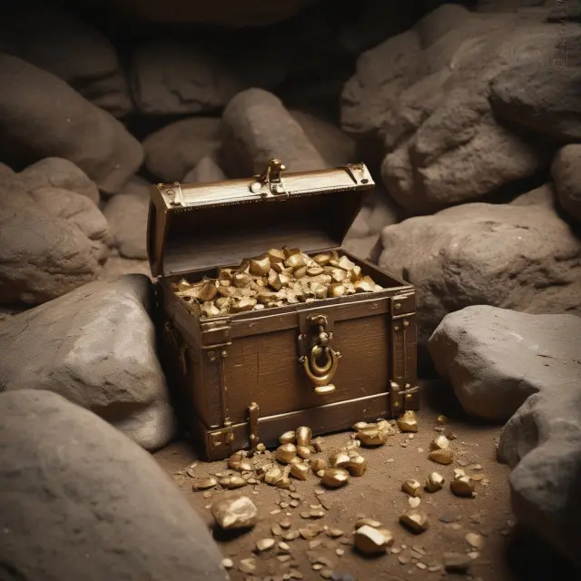 An ancient treasure chest bursts open, revealing modern gold mining techniques: open pit, underground, heap leaching, and placer mining