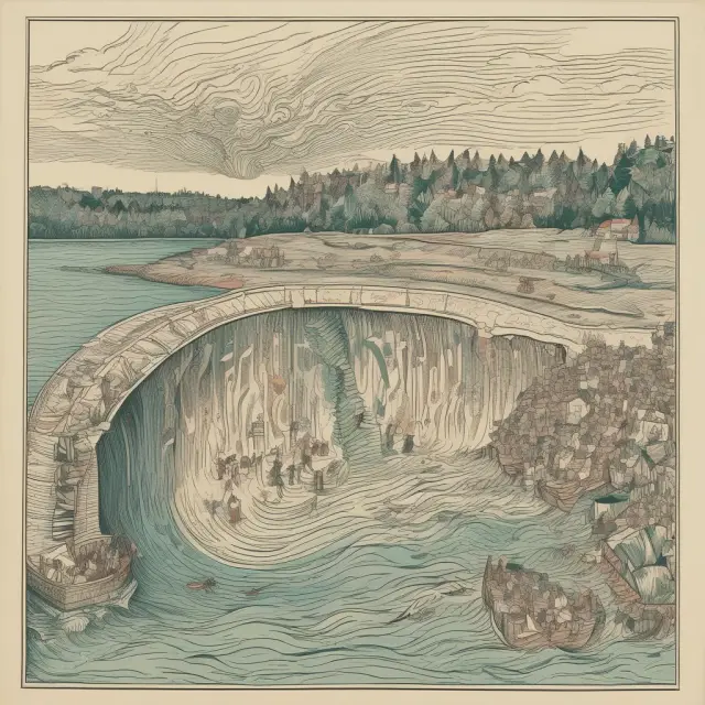 A serene river symbolizing worldwide income merges with various components - wages, pensions, rents, royalties, passive vs active income. The IRS sieve filters the water, representing taxation.