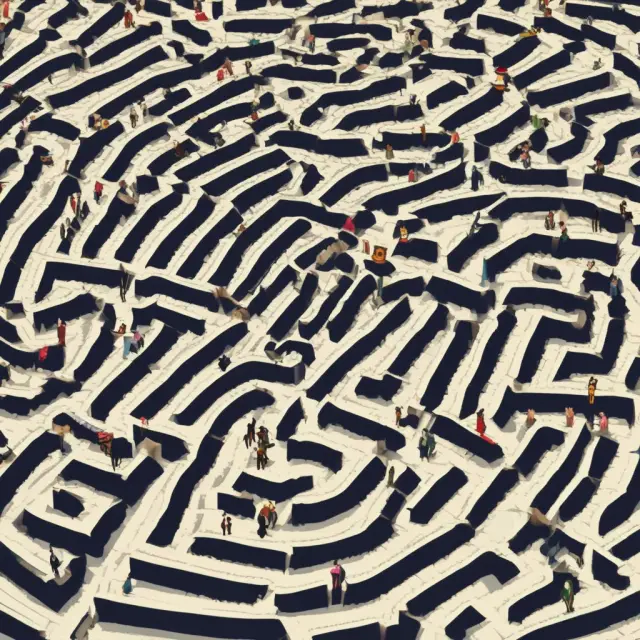 A person wearing a tax hat walks through a labyrinth of interconnected countries, symbolizing the complexity of managing international income taxes