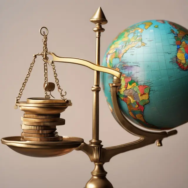 A balance scale rests atop a globe, with coins representing various currencies being weighed fairly.