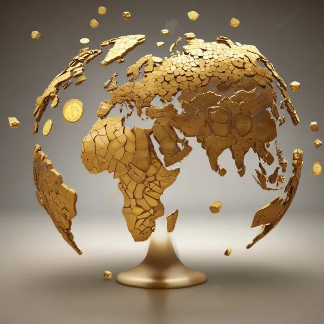 Visualization of the world in gold coins and corporate logos symbolizing worldwide income for multinational corporations