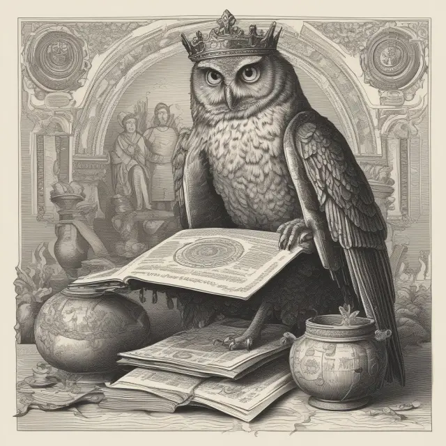 An owl wearing a crown of various currencies reads ancient scrolls, symbolizing wealthy individuals