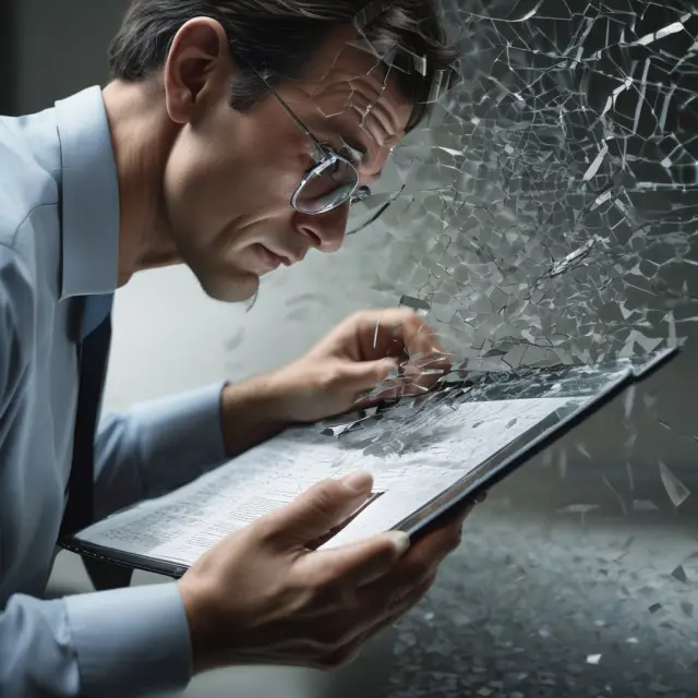 A person carefully completing Form 8949 with fragments of a broken mirror symbolizing worthless securities nearby