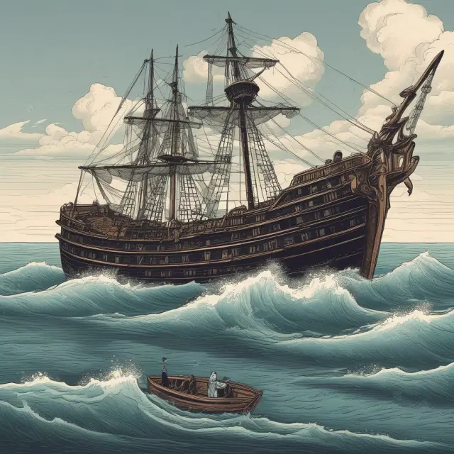 A worthless security represented as a sinking ship contrasted by a penny stock symbolized as a small, resilient boat