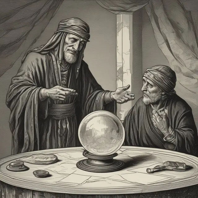Image of an elderly investor seeking guidance from a fortune teller, holding a crystal ball, regarding the process of dealing with worthless securities and capital losses.