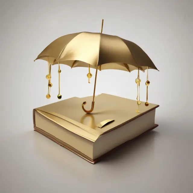 Golden umbrella wrapping an EPLI policy book, representing comprehensive insurance protection with wrap-around programs