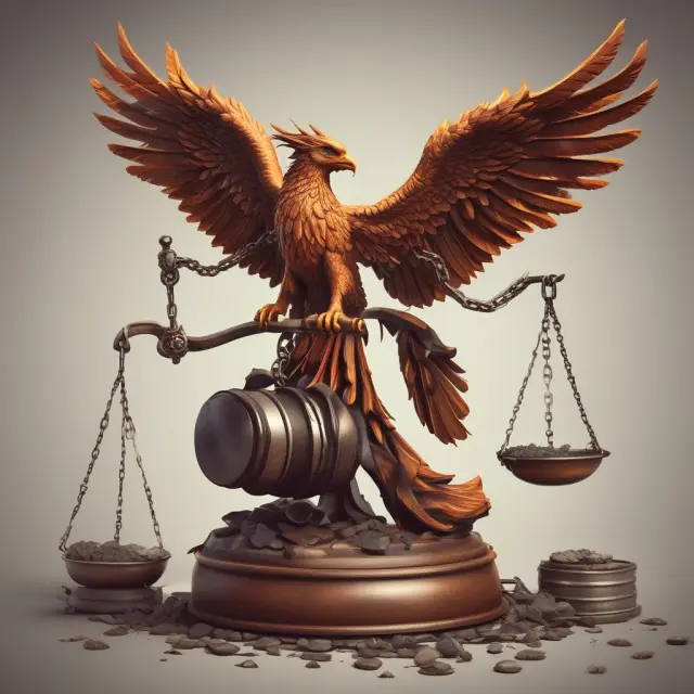 Justice scale with gavel and defendant in chains; Phoenix rising - punitive damages deterrence