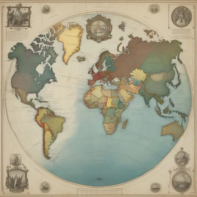 A large, golden shield bearing intricately designed world maps interlocking to form a protective barrier against turbulent international waters representing political risks