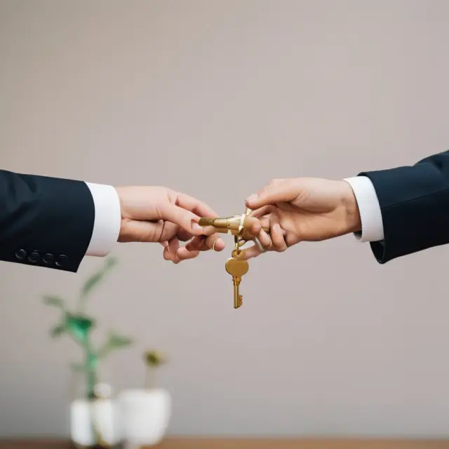 A seller hands a golden key to a buyer in a wrap-around loan transaction