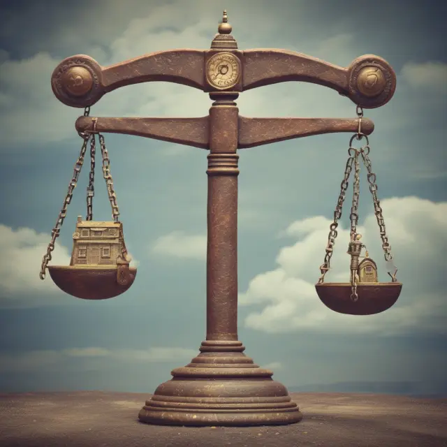 A seller carefully weighing risks of wrap-around loans on a balance scale, surrounded by mortgage documents