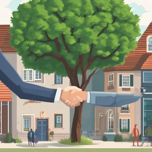 Handshake between buyer and seller under a growing tree, representing wrap-around loan transaction