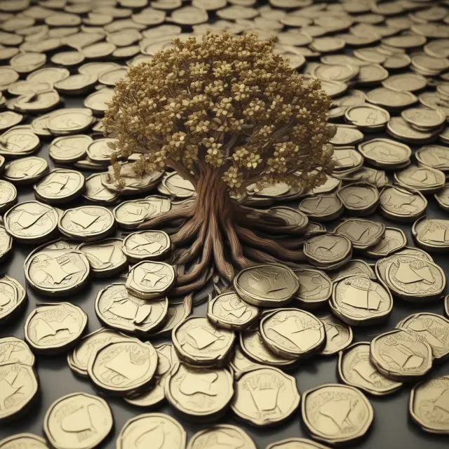 A growing tree with numerous golden roots signifying various streams of income from wrap-around loans: capital appreciation and interest spreads