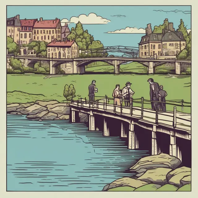 Sellers and buyers in wrap-around loan negotiations, symbolized by individuals on opposite banks of a river, with a bridge connecting them and representing the transaction