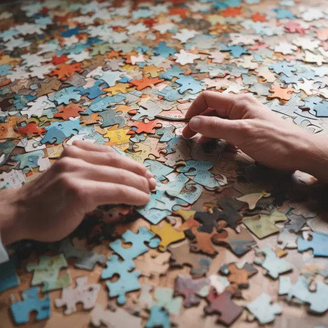 An investor assessing a complete jigsaw puzzle representing the diverse components of wrap fees: Research, Account Management, Trade Execution, Custodian Fees, and Administrative Expenses