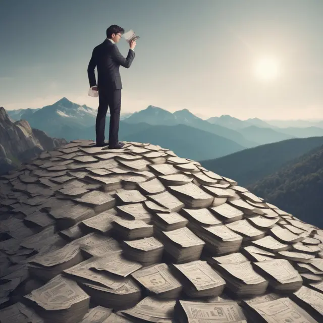 An investor carefully examining the tax implications of wrap fees with a magnifying glass atop a mountain of financial charts.