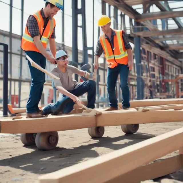 General contractor and subcontractors sharing responsibilities on a balanced seesaw, illustrating fair cost allocation in wrap-up insurance programs