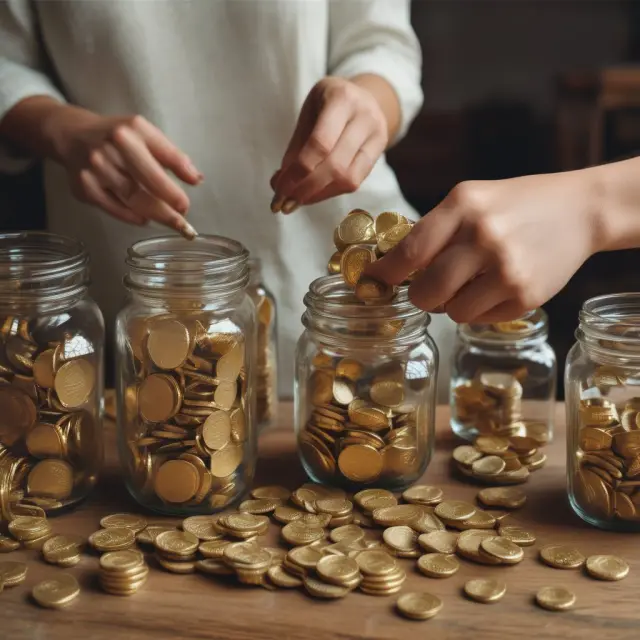 Artist organizes golden coins into containers: a metaphor for choosing between wrap account and traditional brokerage fees