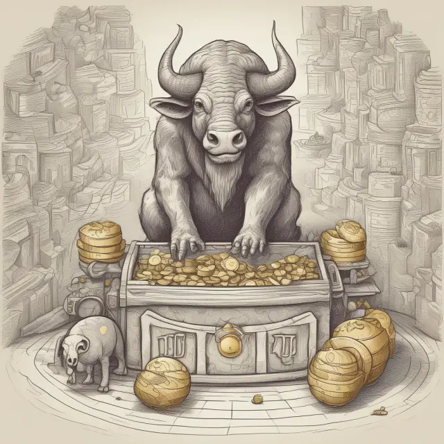 Minotaur guards a treasure chest filled with gold coins, illustrating wrap account minimum investments and the maze-like process for individual investors seeking to navigate investment options.