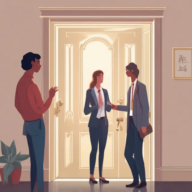 An image of a seller offering a wraparound mortgage to a buyer, emphasizing flexibility and opportunity. Seller holds the key, while the buyer examines the open door.