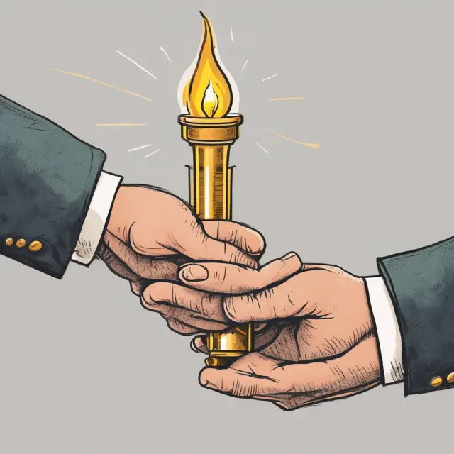 A borrower hands over a golden torch to the seller signifying a wraparound mortgage transaction, illustrating the exchange of loan obligations and profits