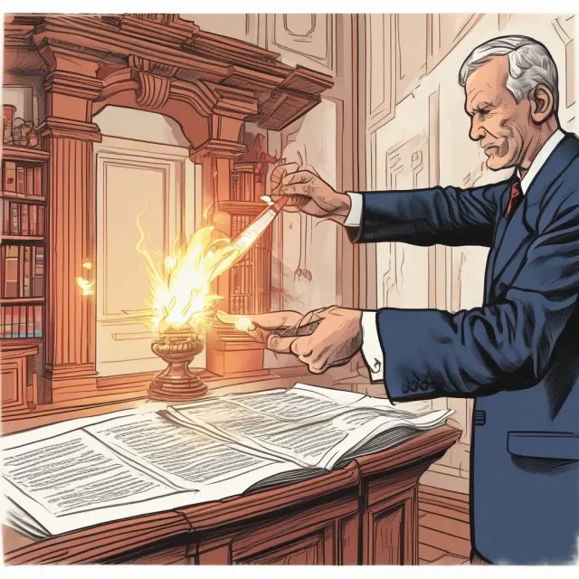 A seller hands a torch to a buyer in front of a table filled with complex legal documents, representing wraparound mortgage ownership transfer