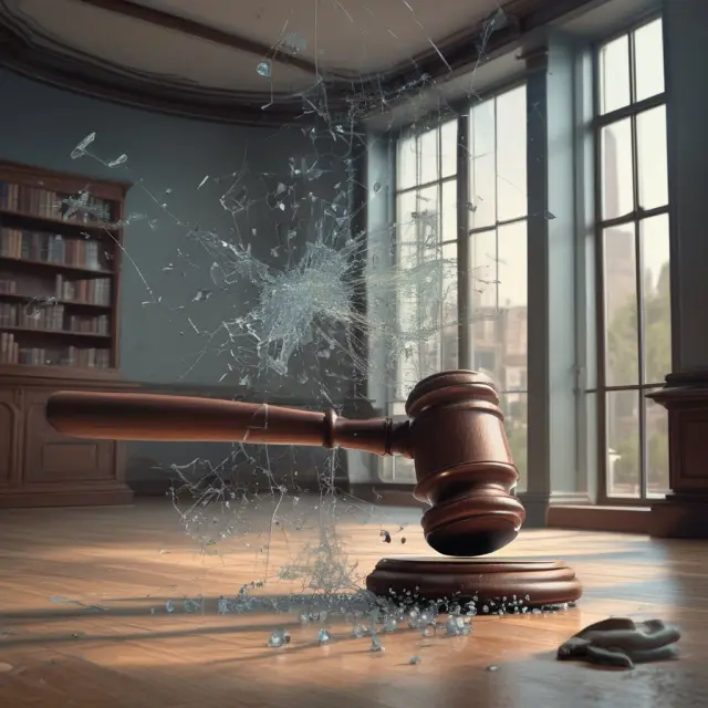 Gavel symbolizes court intervention; glass walls represent seized assets in litigation proceedings with keywords: writs of replevin, sequestration, asset protection.