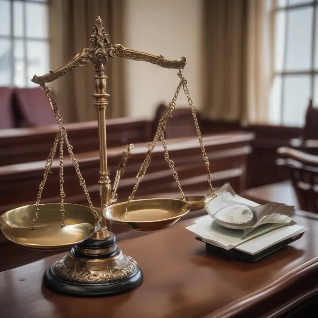 A credit shield balanced on scales inside a courthouse, representing the advantages of a writ of attachment: protection and leverage in debt collection.