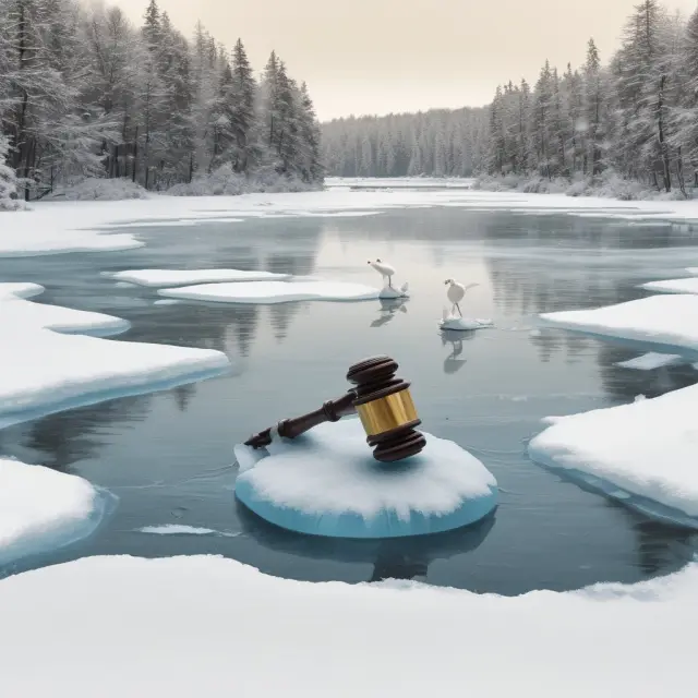 A gavel breaking the ice releases swans representing seized assets in a writ of attachment scenario