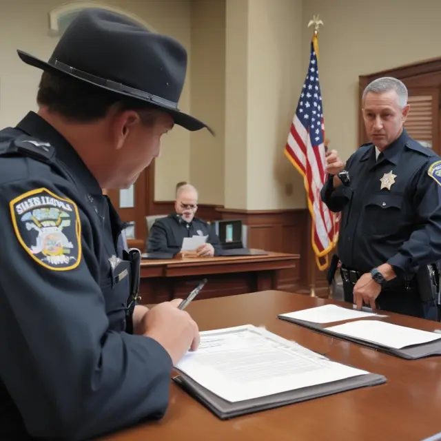 US Marshal serving a writ of execution in a bankruptcy courtroom, representing debt collection and legal proceedings
