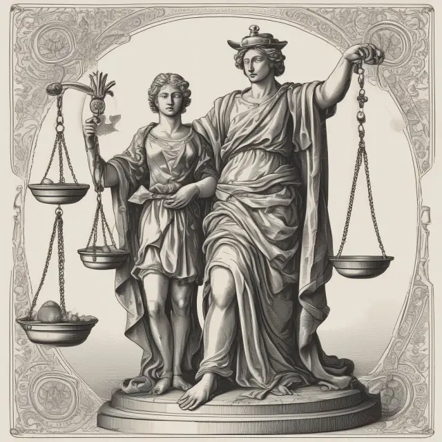 Justice figure enforces writs with gavel and scale