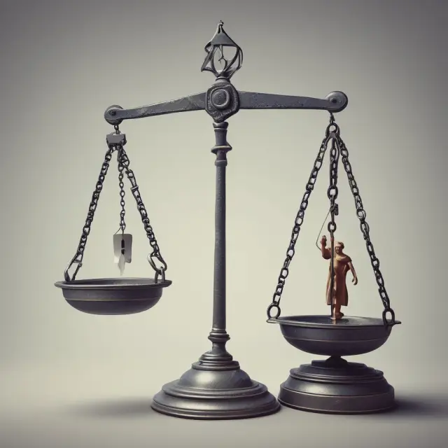 An image of the scales of justice with a debtor in shackles, symbolizing potential penalties for failing to comply with a writ of execution