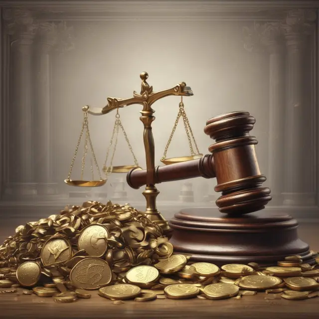 Judge hammering writ of execution, releasing golden coins symbolizing financial security