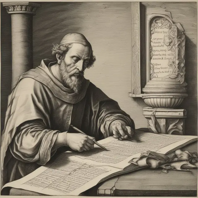 Medieval scribe creating legal documents on parchment - Writs origin.