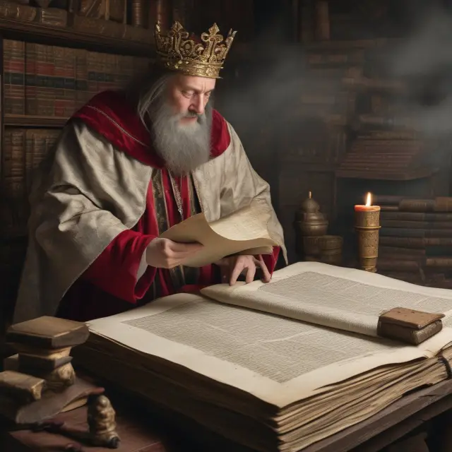 Monarch reviewing ancient scrolls representing U.S. law and the significance of the writ of certiorari