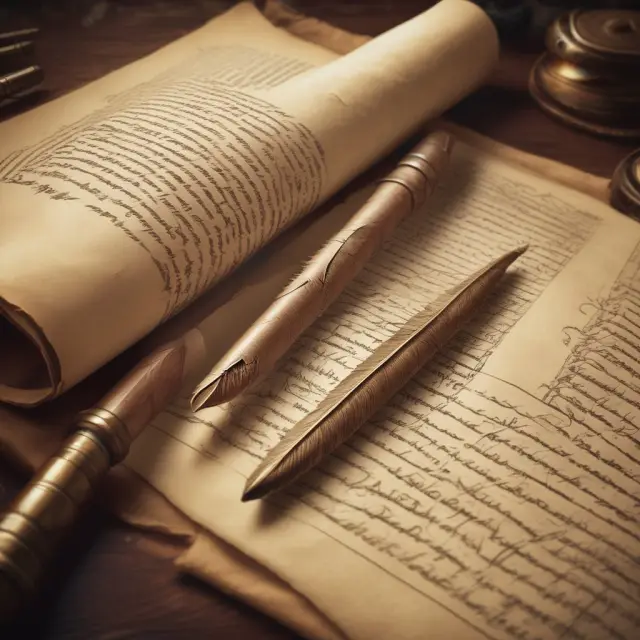 An ancient quill pen writes on a parchment scroll as a modern computer with a keyboard sits below, illustrating the integration of tradition and innovation in legal practices