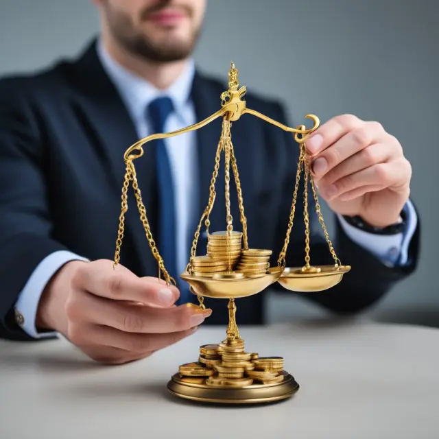 Accountant managing loan write-offs on a balance scale with gold coins for loan assets, lead weights for bad loans, and loan loss reserves as a safety net