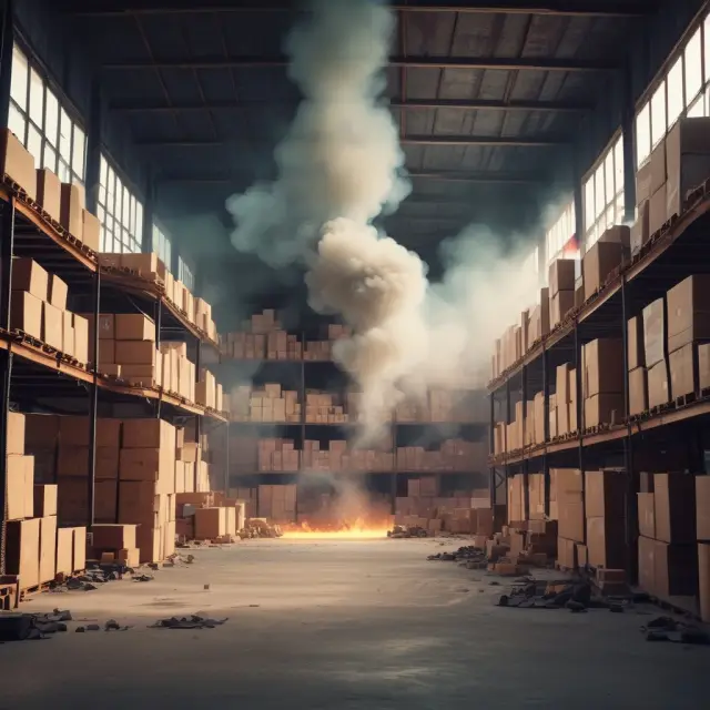 Burning warehouse releasing smoke representing lost inventory due to damage or obsolescence.